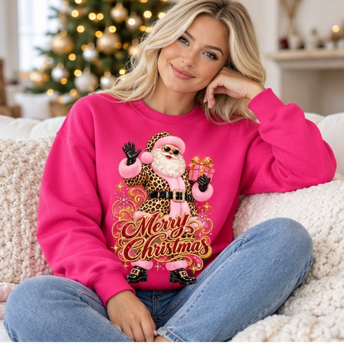 Woman wearing heliconia leopard Santa Merry Christmas sweatshirt
