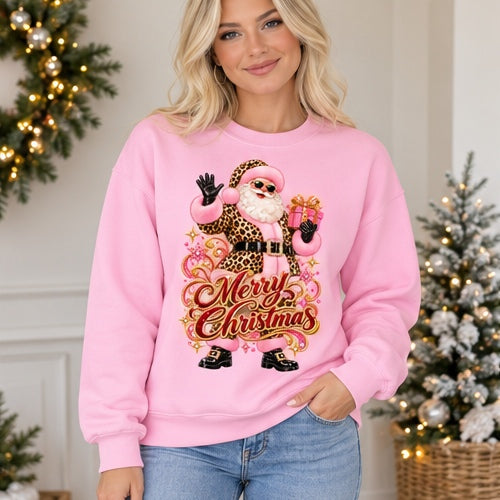 Woman wearing light-pink leopard Santa Merry Christmas sweatshirt