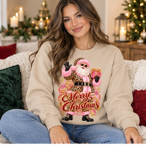 Woman wearing sand leopard Santa Merry Christmas sweatshirt