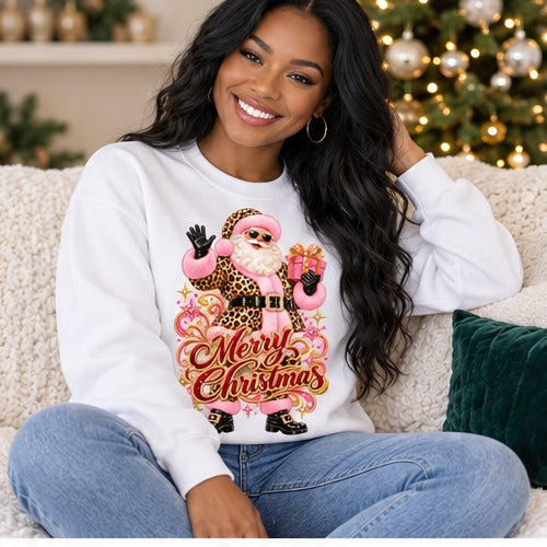 Woman wearing white leopard Santa Merry Christmas sweatshirt
