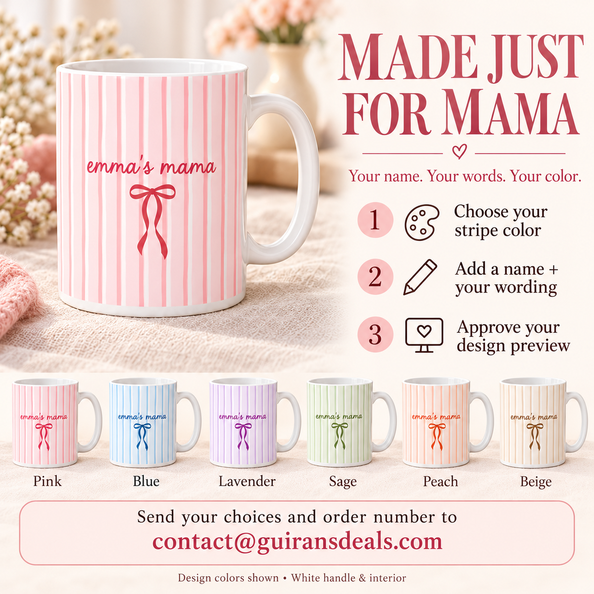 How to personalize your mama mug: choose design color, name and wording, approve preview