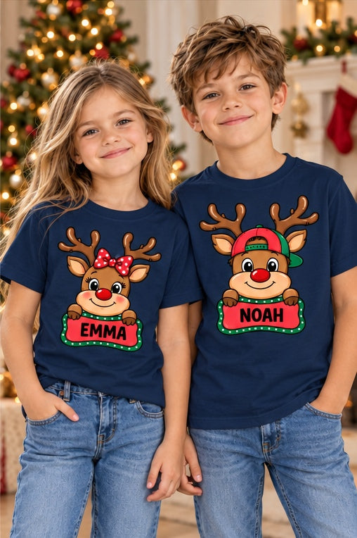 Sibling Christmas reindeer T-shirts, marine, each shirt sold separately.