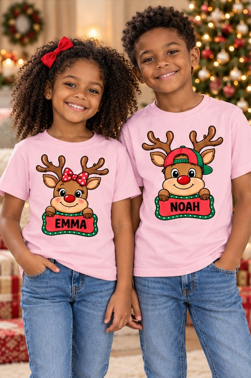 Sibling Christmas reindeer T-shirts, rose, each shirt sold separately.
