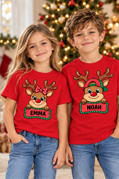 Sibling Christmas reindeer T-shirts, rouge, each shirt sold separately.