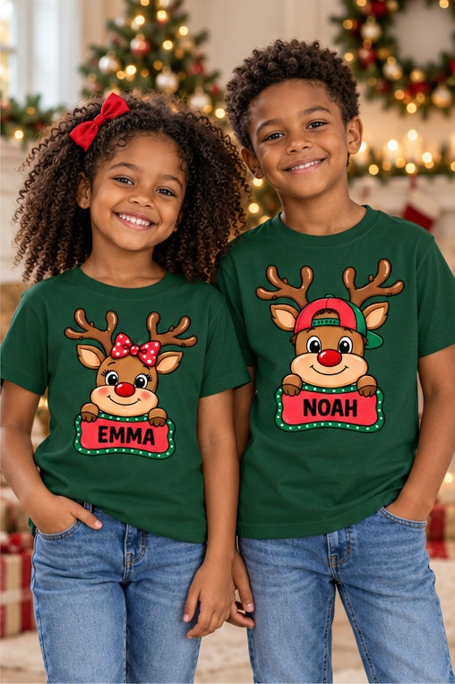 Sibling Christmas reindeer T-shirts, vert, each shirt sold separately.