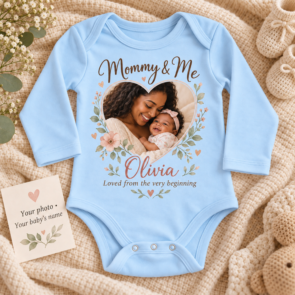 Personalized Mommy & Me baby bodysuit, blue, sample photo and name