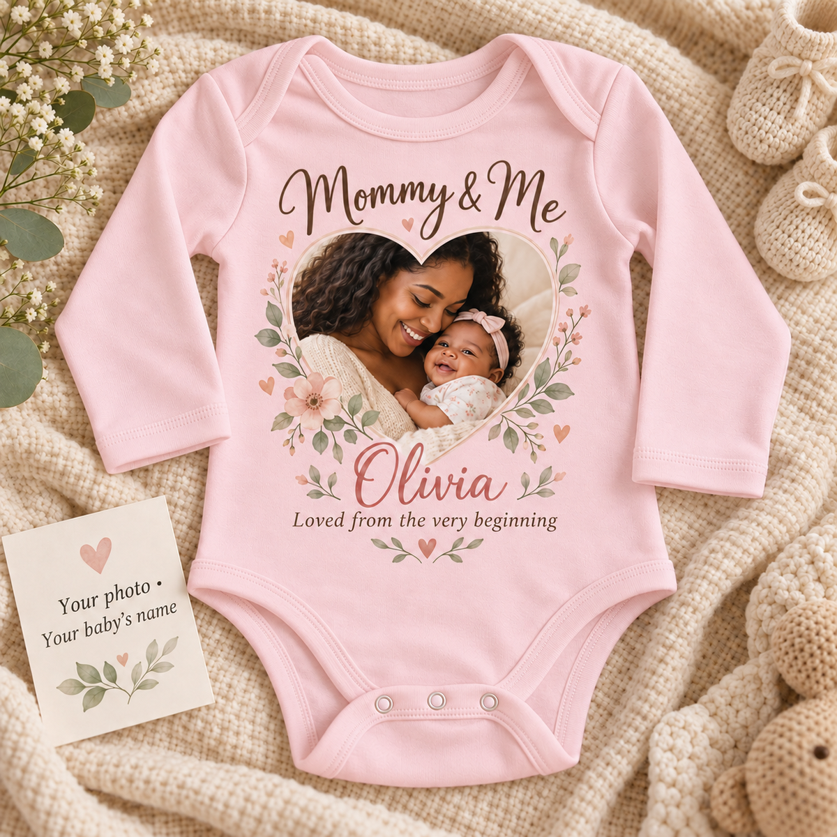 Personalized Mommy & Me baby bodysuit, pink, sample photo and name