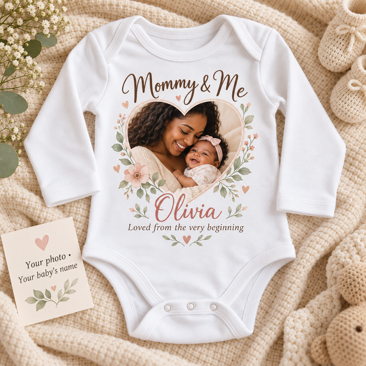 Personalized Mommy & Me baby bodysuit, white, sample photo and name