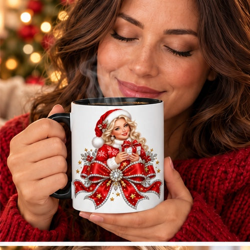 Woman savoring steaming coffee with Mrs Claus rhinestone-effect red bow mug, black handle