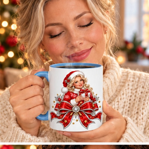 Woman savoring steaming coffee with Mrs Claus rhinestone-effect red bow mug, light-blue handle