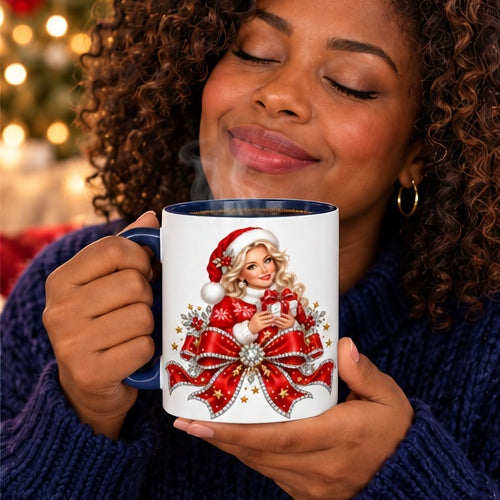 Woman savoring steaming coffee with Mrs Claus rhinestone-effect red bow mug, navy handle