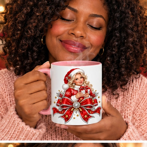 Woman savoring steaming coffee with Mrs Claus rhinestone-effect red bow mug, pink handle