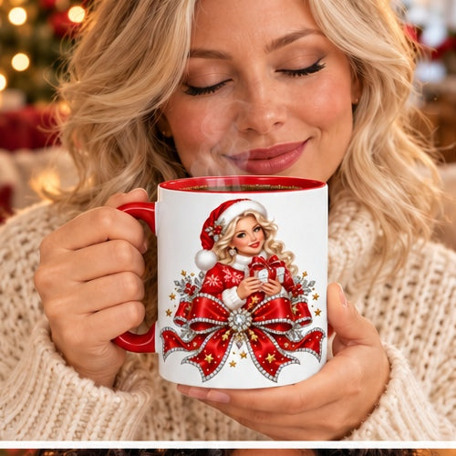 Woman savoring steaming coffee with Mrs Claus rhinestone-effect red bow mug, red handle