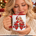 Woman savoring steaming coffee with Mrs Claus rhinestone-effect red bow mug, red handle