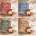 Four colour themes: white long sleeve bodysuit, personalized fleece blanket and keepsake bear ages 3+