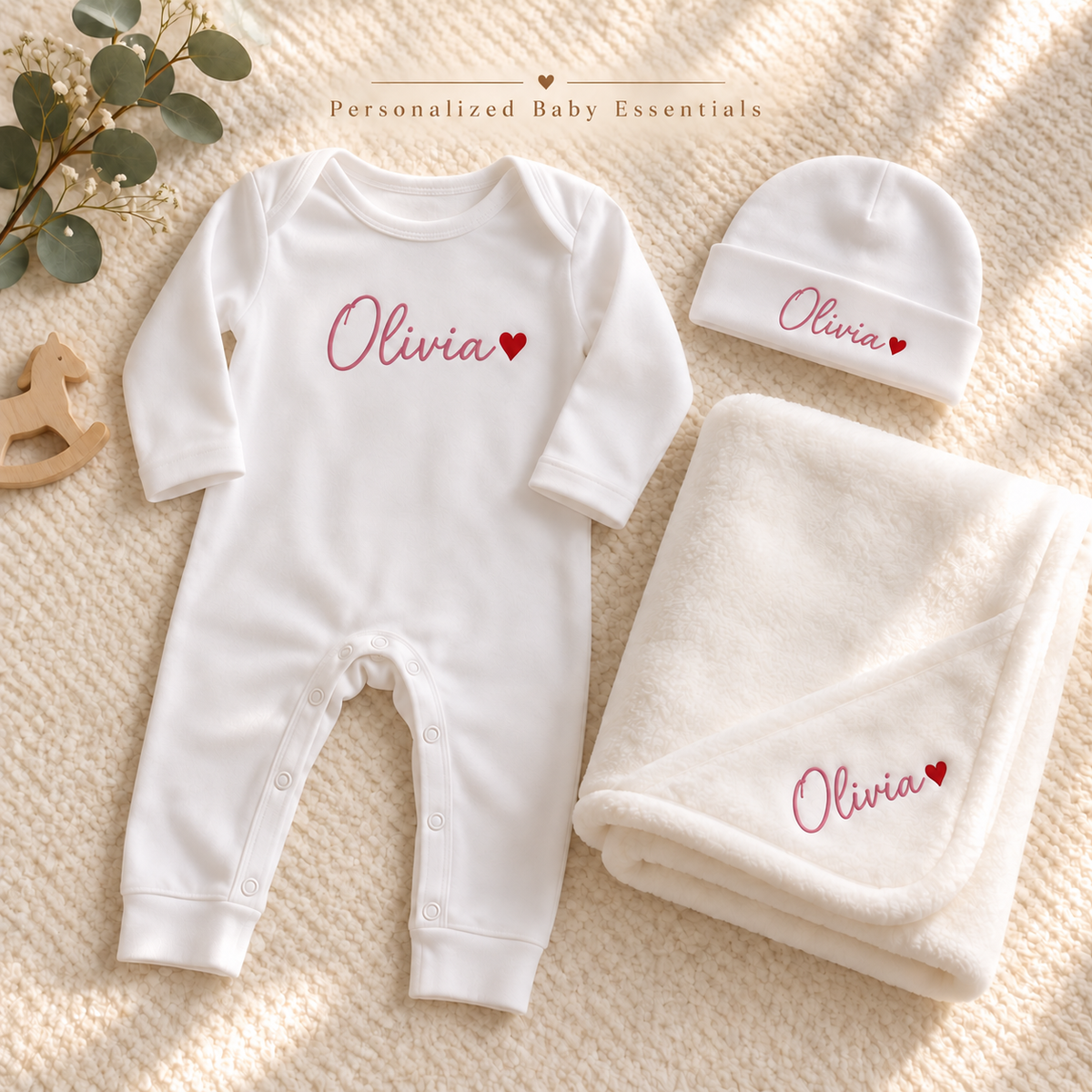 Personalized three-piece white baby set with Dusty Rose name printing and red hearts. Illustrative mockup; Olivia is an example.