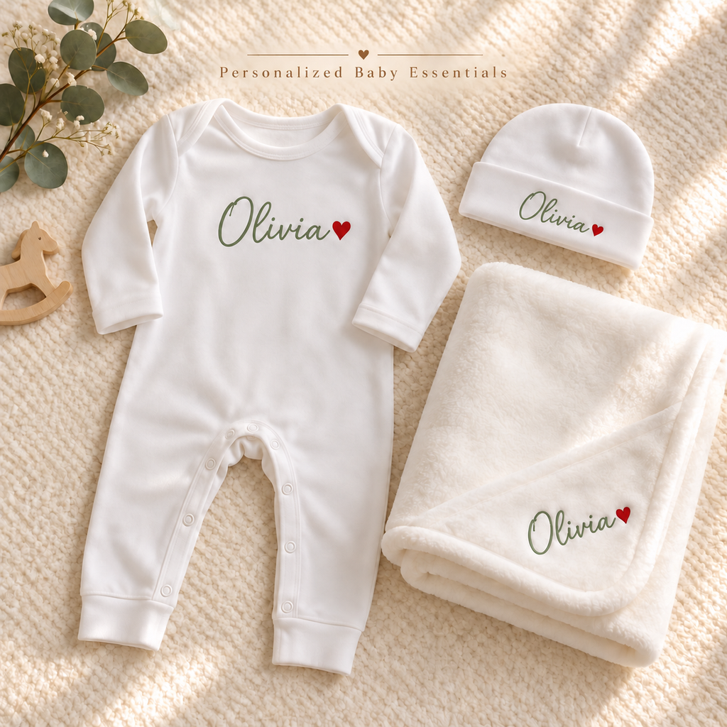 Personalized three-piece white baby set with Sage Green name printing and red hearts. Illustrative mockup; Olivia is an example.
