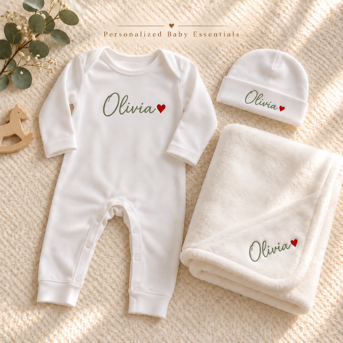Personalized three-piece white baby set with Sage Green name printing and red hearts. Illustrative mockup; Olivia is an example.