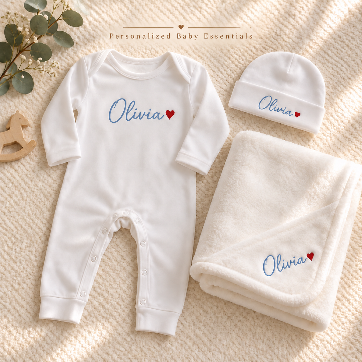 Personalized three-piece white baby set with Sky Blue name printing and red hearts. Illustrative mockup; Olivia is an example.