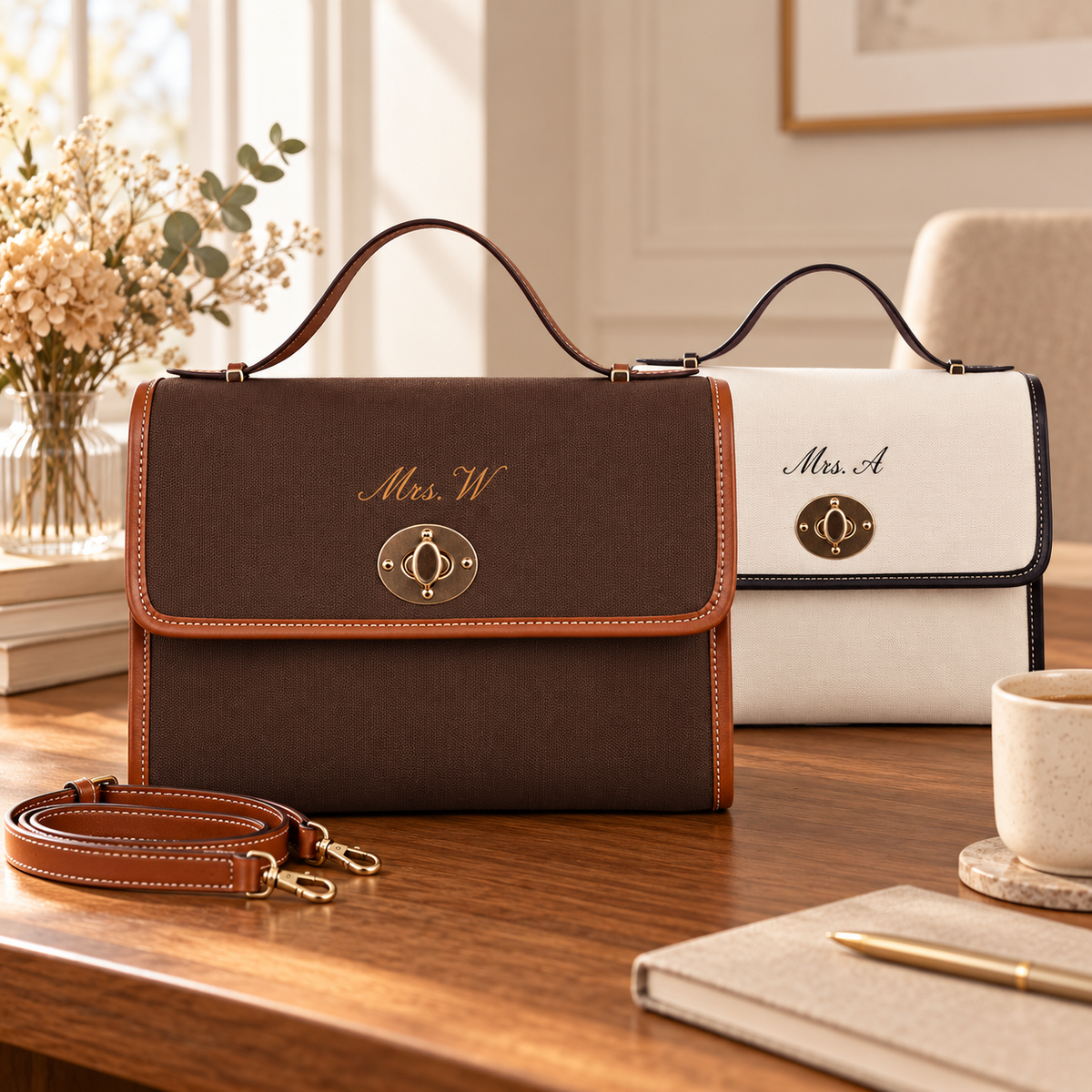Design preview: personalized chocolate and ivory canvas satchels with faux-leather trim