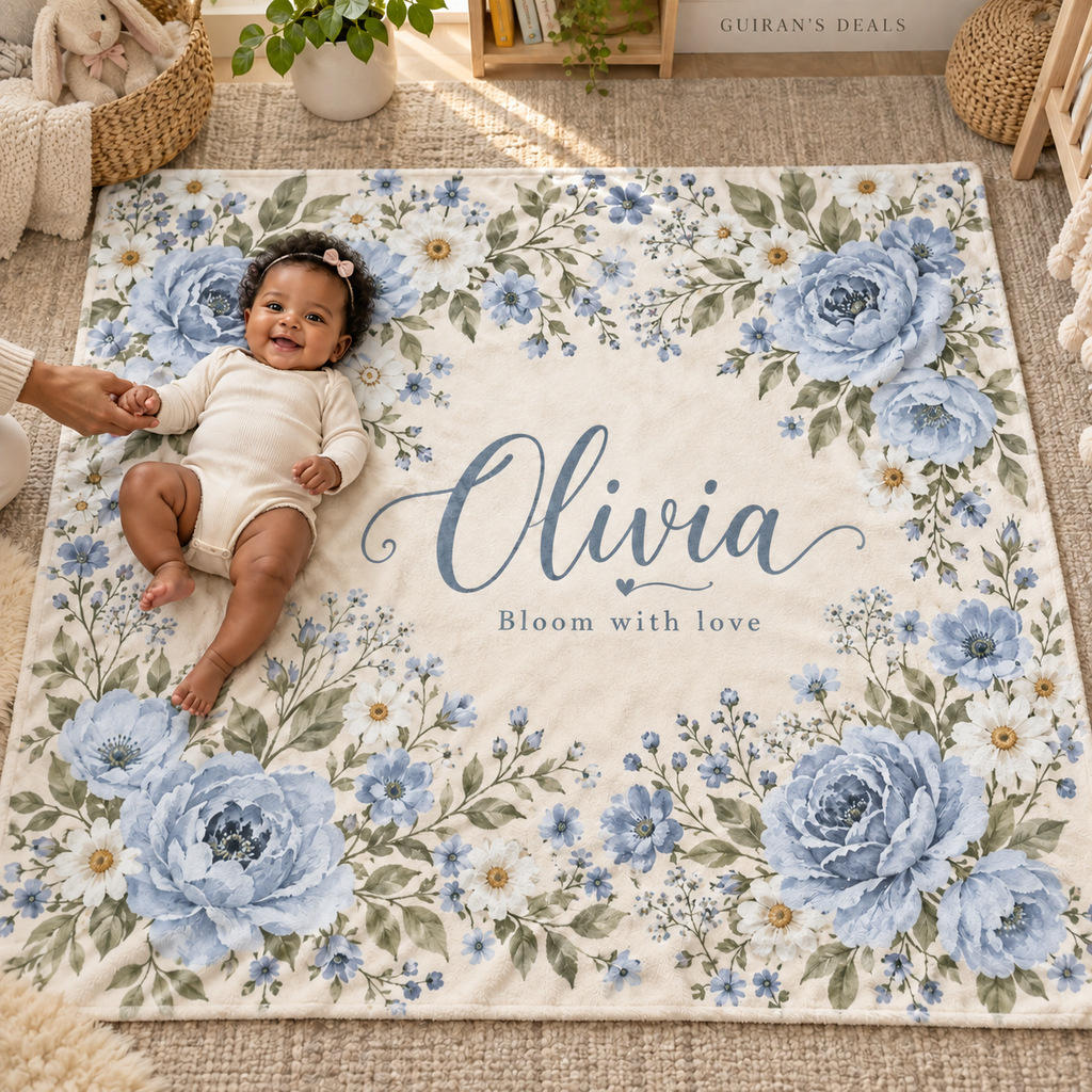 Personalized floral baby blanket, blue palette, sample name Olivia