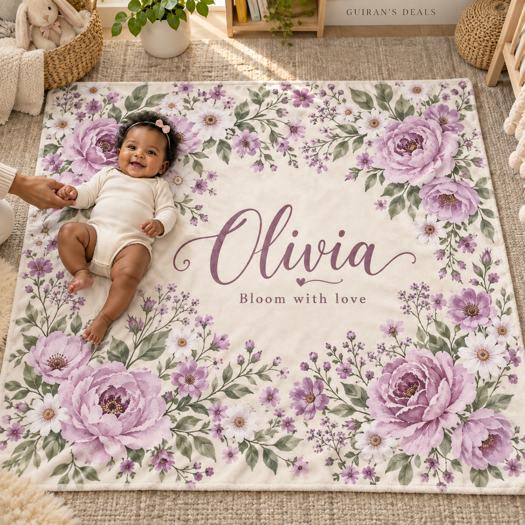 Personalized floral baby blanket, lavender palette, sample name Olivia