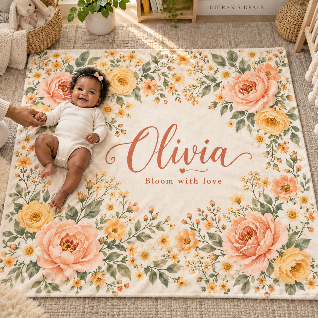 Personalized floral baby blanket, peach palette, sample name Olivia