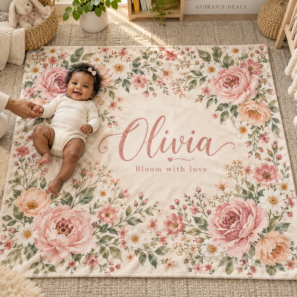 Personalized floral baby blanket, rose palette, sample name Olivia