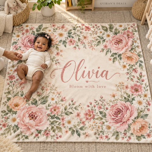 Personalized floral baby blanket, rose palette, sample name Olivia