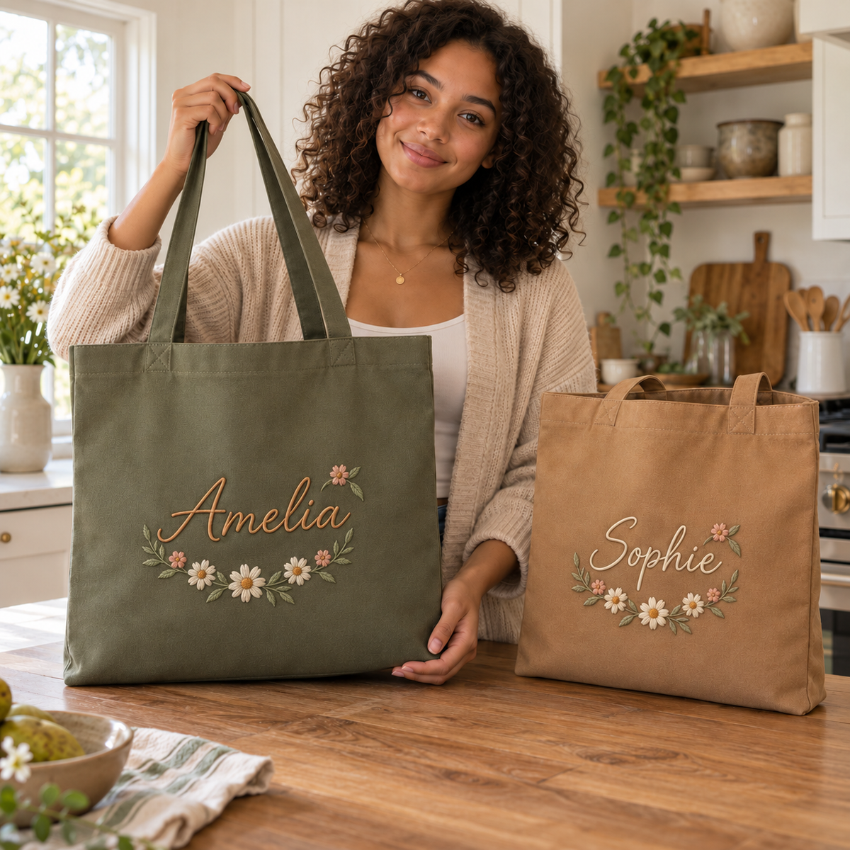 Khaki and camel cotton tote bags with personalized names and floral embroidery; illustrative mockup, one bag per purchase.