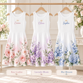White-base personalized floral girls dresses in Rose Garden, Lavender Bloom and Blue Blossom