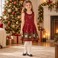 Burgundy personalized girls Christmas dress with custom name and festive printed hem