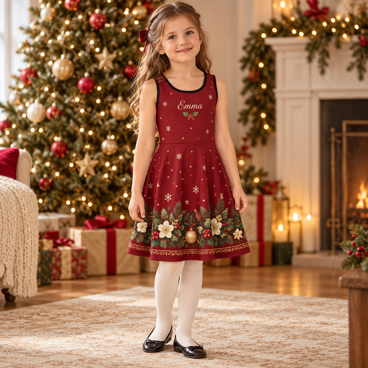 Burgundy personalized girls Christmas dress with custom name and festive printed hem