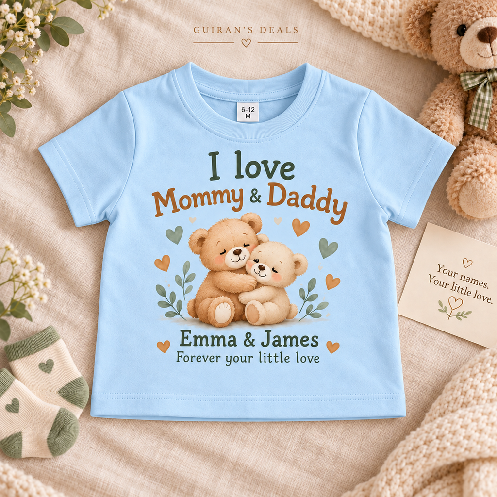 Personalized I love Mommy & Daddy baby T-shirt, blue, custom parent names