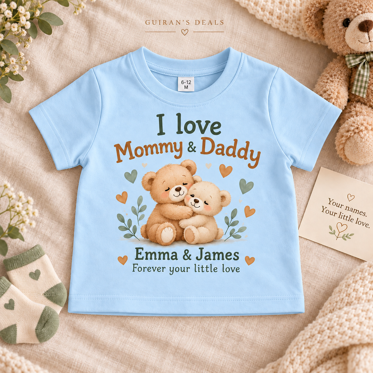 Personalized I love Mommy & Daddy baby T-shirt, blue, custom parent names