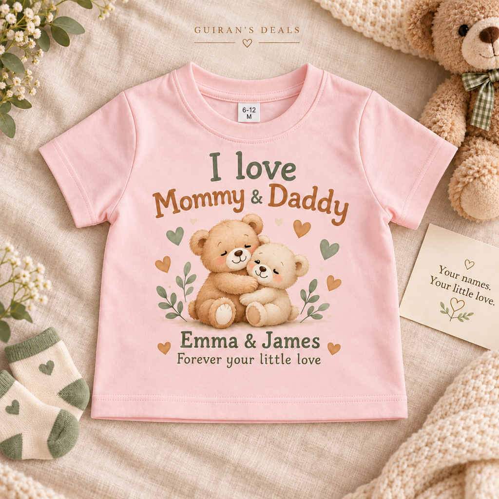 Personalized I love Mommy & Daddy baby T-shirt, pink, custom parent names
