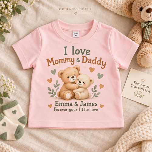 Personalized I love Mommy & Daddy baby T-shirt, pink, custom parent names