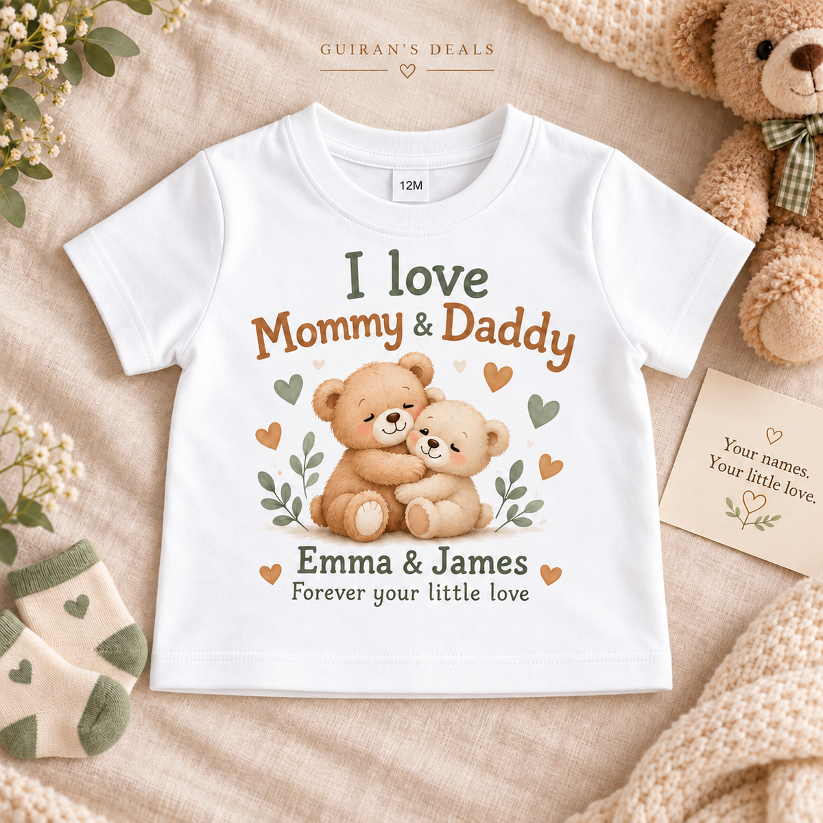 Personalized I love Mommy & Daddy baby T-shirt, white, custom parent names