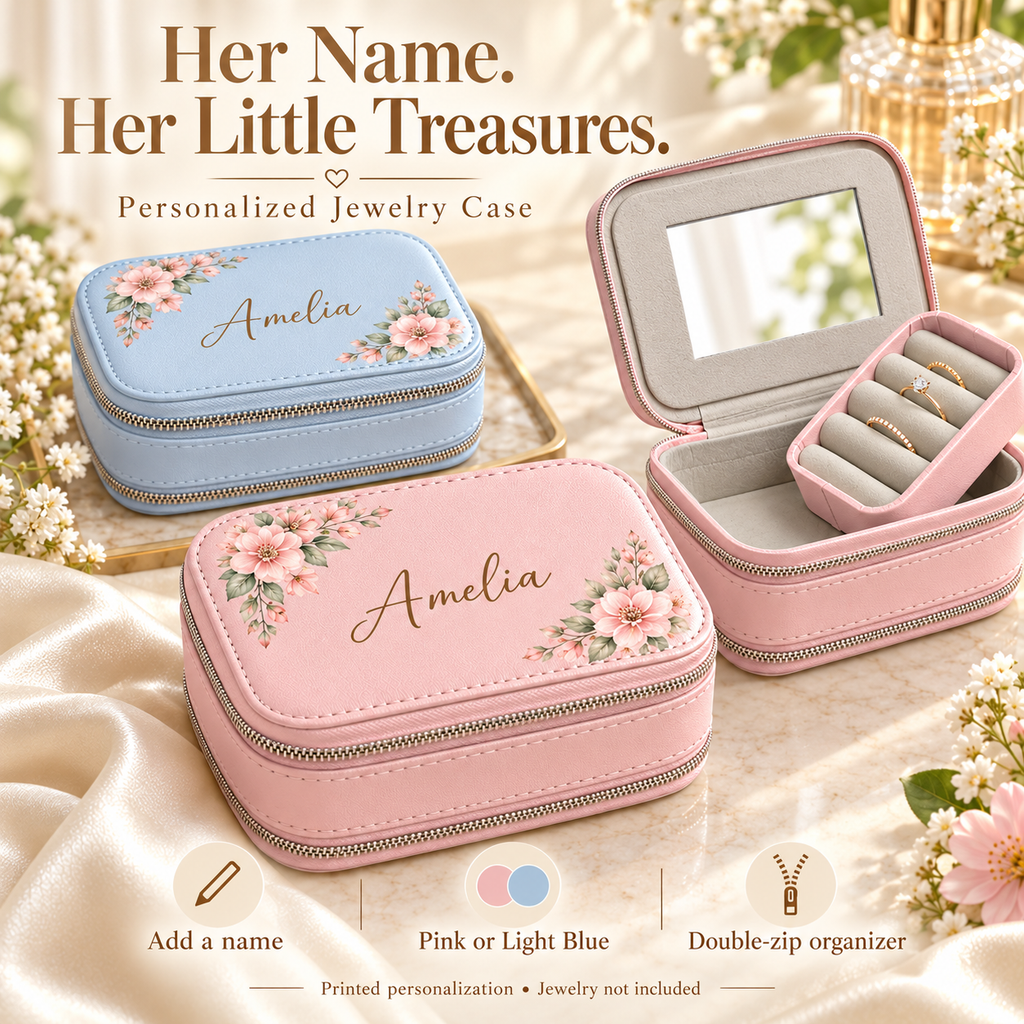 Illustrative marketing mockup – personalized double-zip floral jewelry case in Pink and Light Blue; jewelry not included