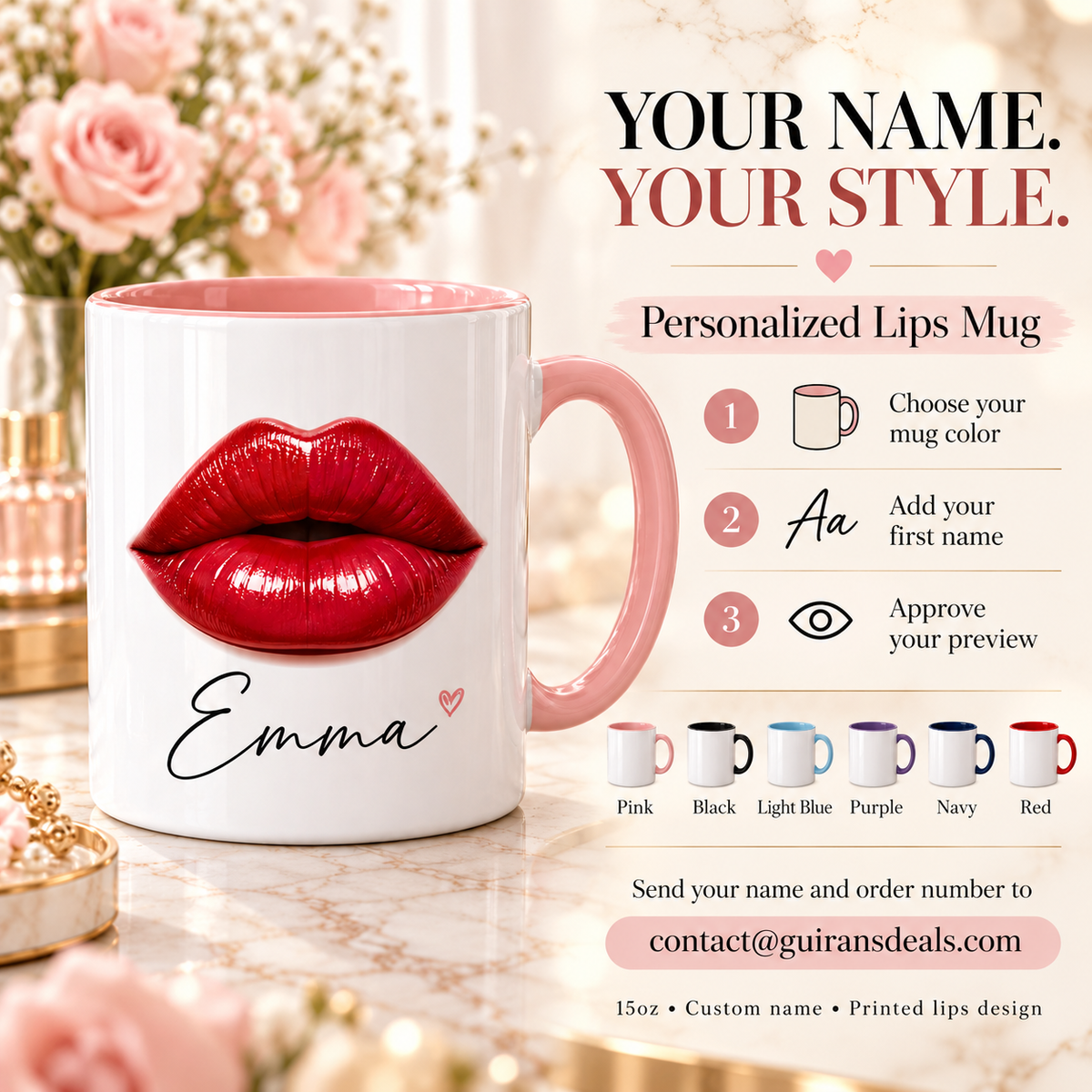 Personalized lips mug: choose color, add first name, approve preview