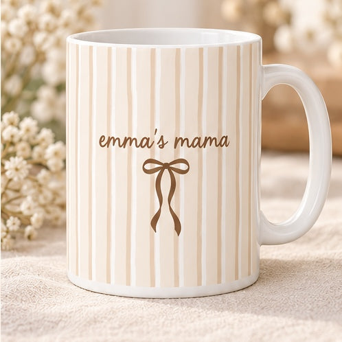 Personalized mama striped bow mug in beige design color with white handle