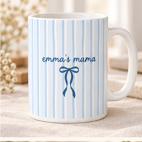 Personalized mama striped bow mug in blue design color with white handle