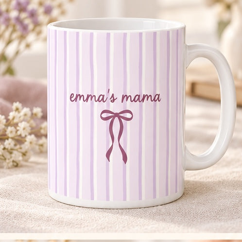 Personalized mama striped bow mug in lavender design color with white handle