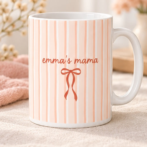 Personalized mama striped bow mug in peach design color with white handle