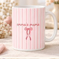 Personalized mama striped bow mug in pink design color with white handle