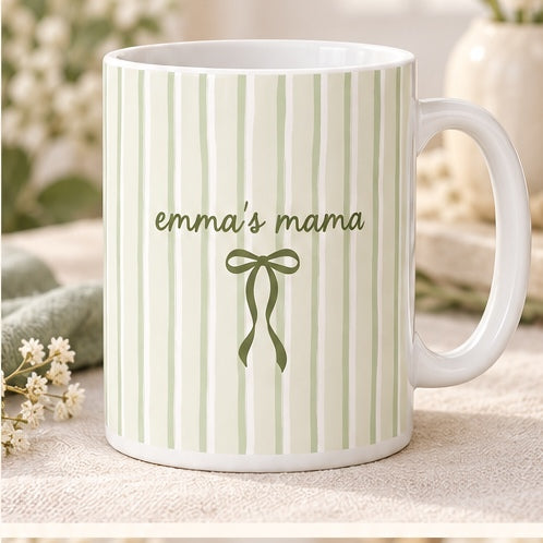 Personalized mama striped bow mug in sage design color with white handle