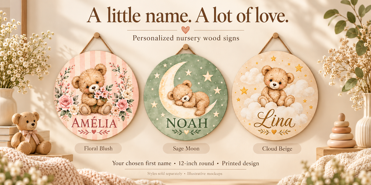 Personalized nursery wood sign collection — Personalized Moon Teddy Bear Nursery Wood Sign – Sage Green; one sign per order
