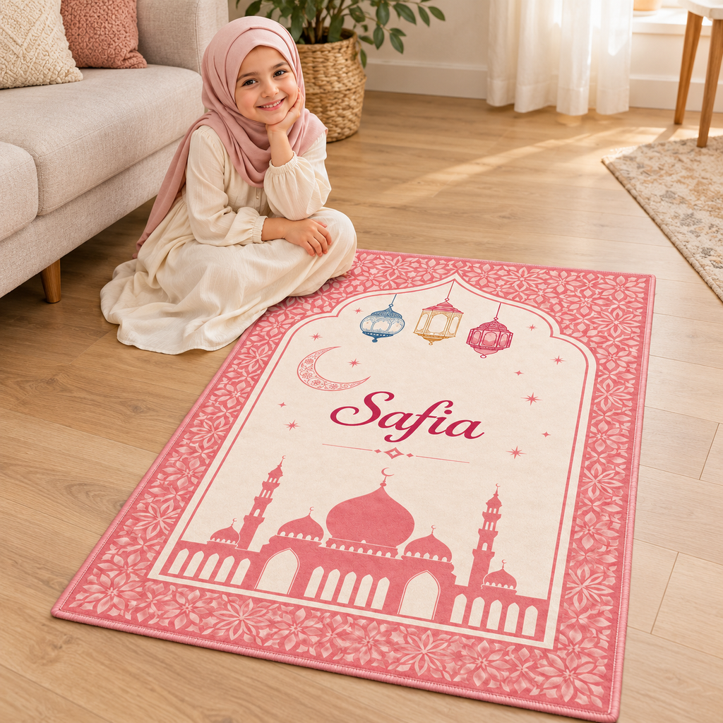 Illustrative lifestyle mockup – child beside personalized pink Safia rug