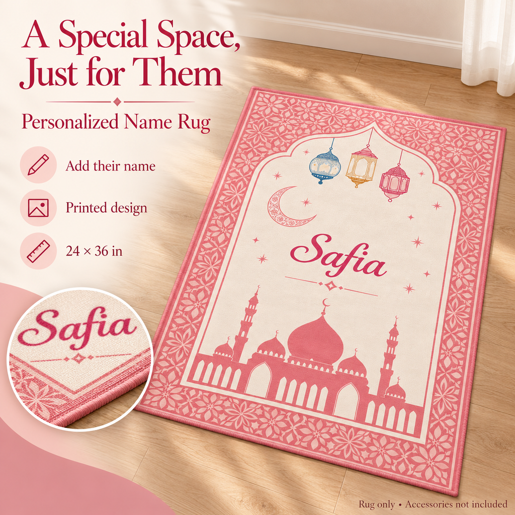 Illustrative marketing mockup – personalized pink name rug, 24 × 36 in, rug only