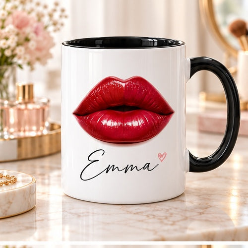 Red lips and custom name on mug with black handle and interior
